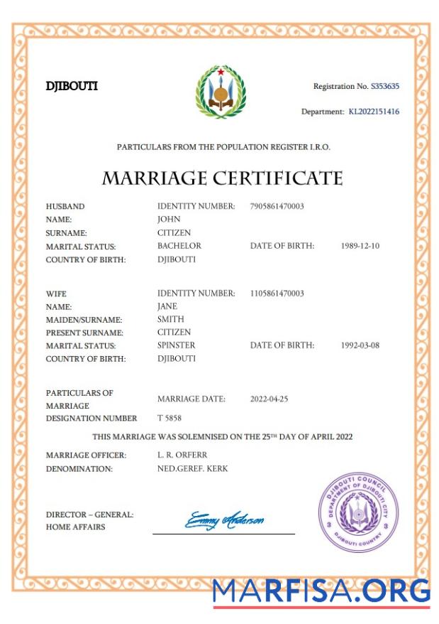 Downloadable Djibouti marriage certificate Word and PDF template